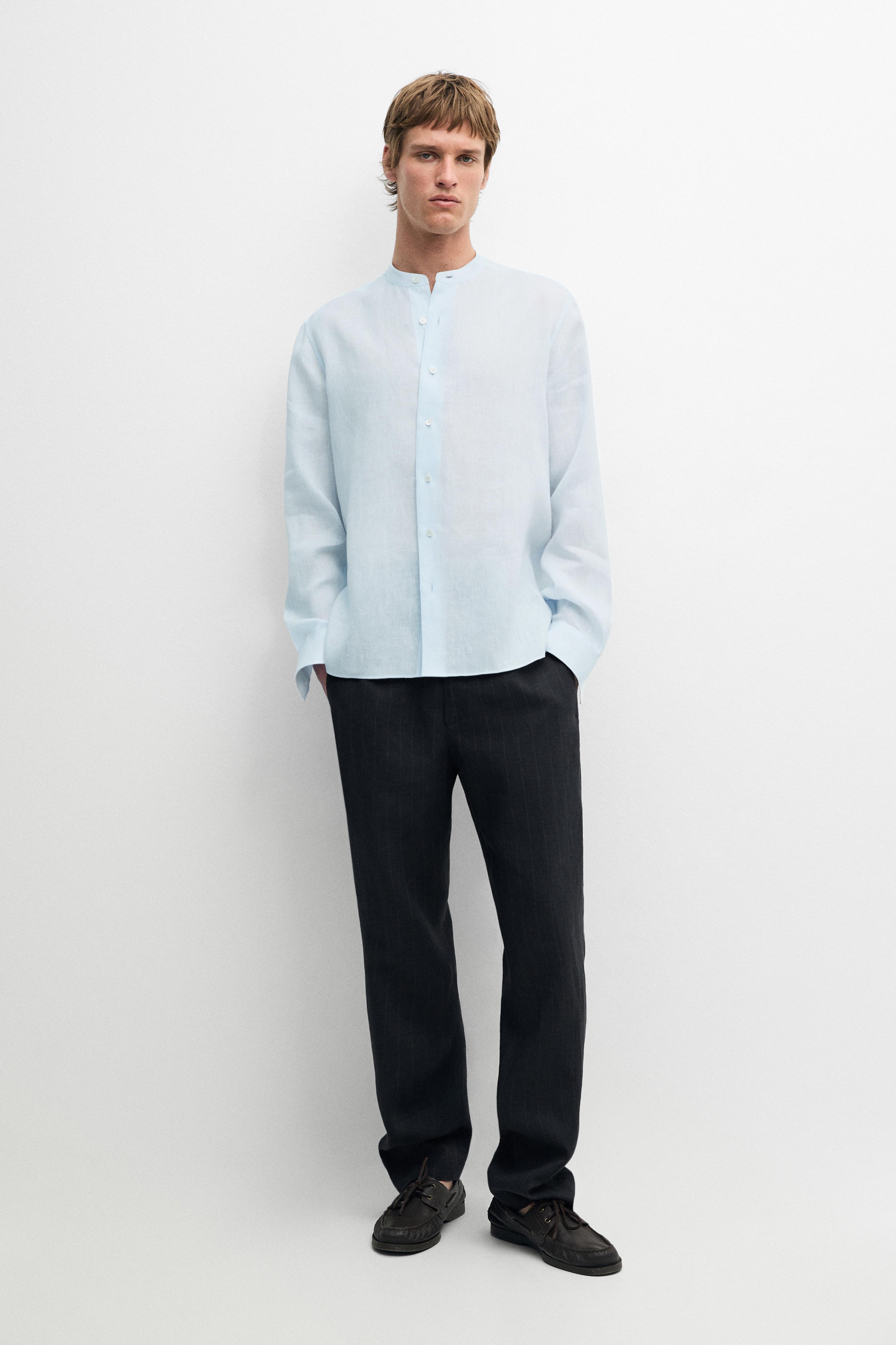 100% linen regular fit stand collar shirt — Green stripe