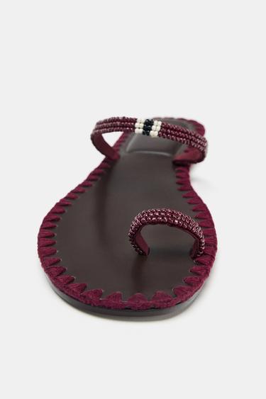 BEADED TOPSTITCH SANDALS - Burgundy Red by Zara - Image 4