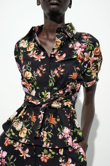 FLORAL PRINT POPLIN TOP - Black / Green by Zara