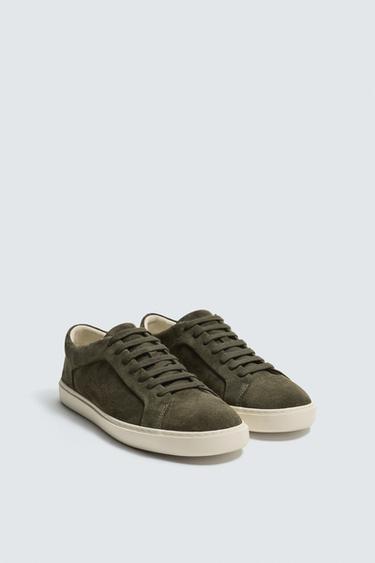 Zara LEATHER SNEAKERS - Khaki Green