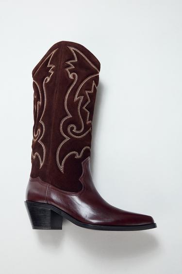 COWBOYSTIEFEL MIT STICKEREI AUS LEDER - Bordeauxrot von Zara