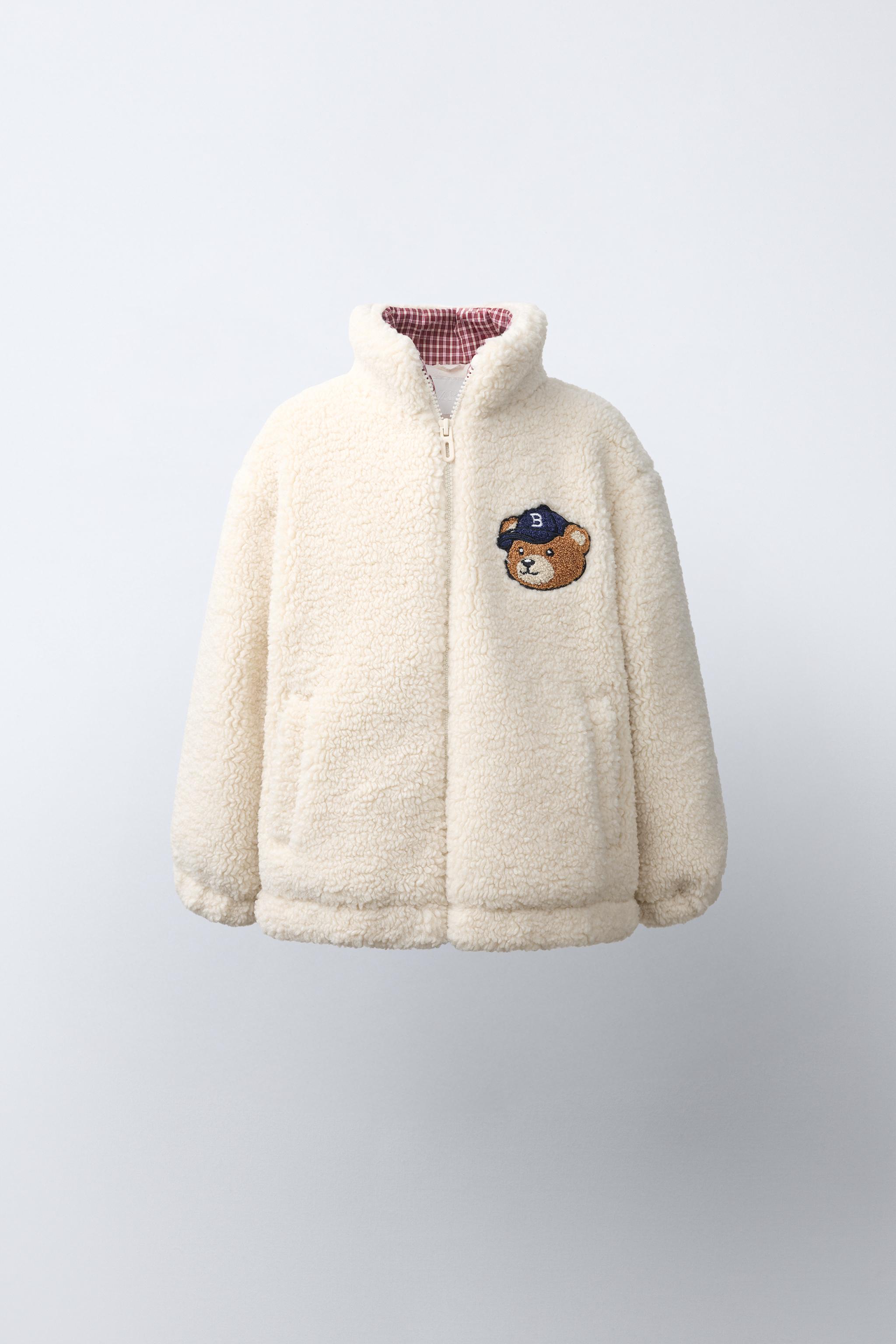 BEAR EMBROIDERY FAUX SHEARLING JACKET — Ecru
