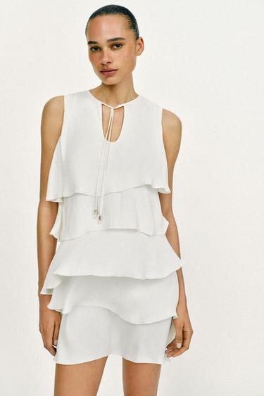 ROBE COURTE À VOLANTS - Écru de Zara - Image 2