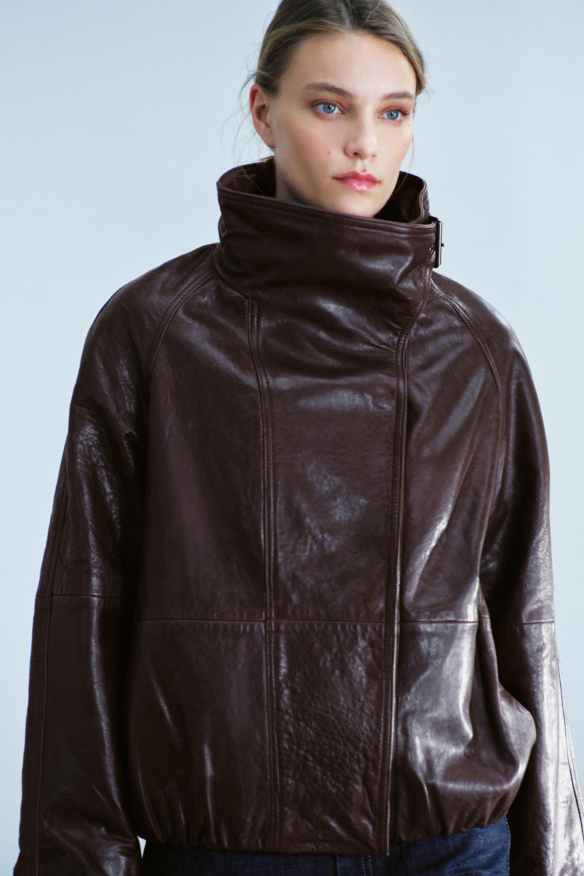 100% LEATHER STAND-COLLAR JACKET ZW COLLECTION