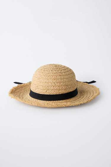 Zara FRAYED RAFFIA BOATER HAT - Caramel