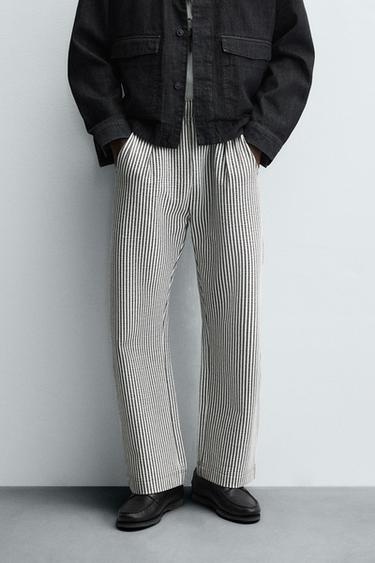 Zara STRIPED SEERSUCKER COMFORT PANTS - Blue / White