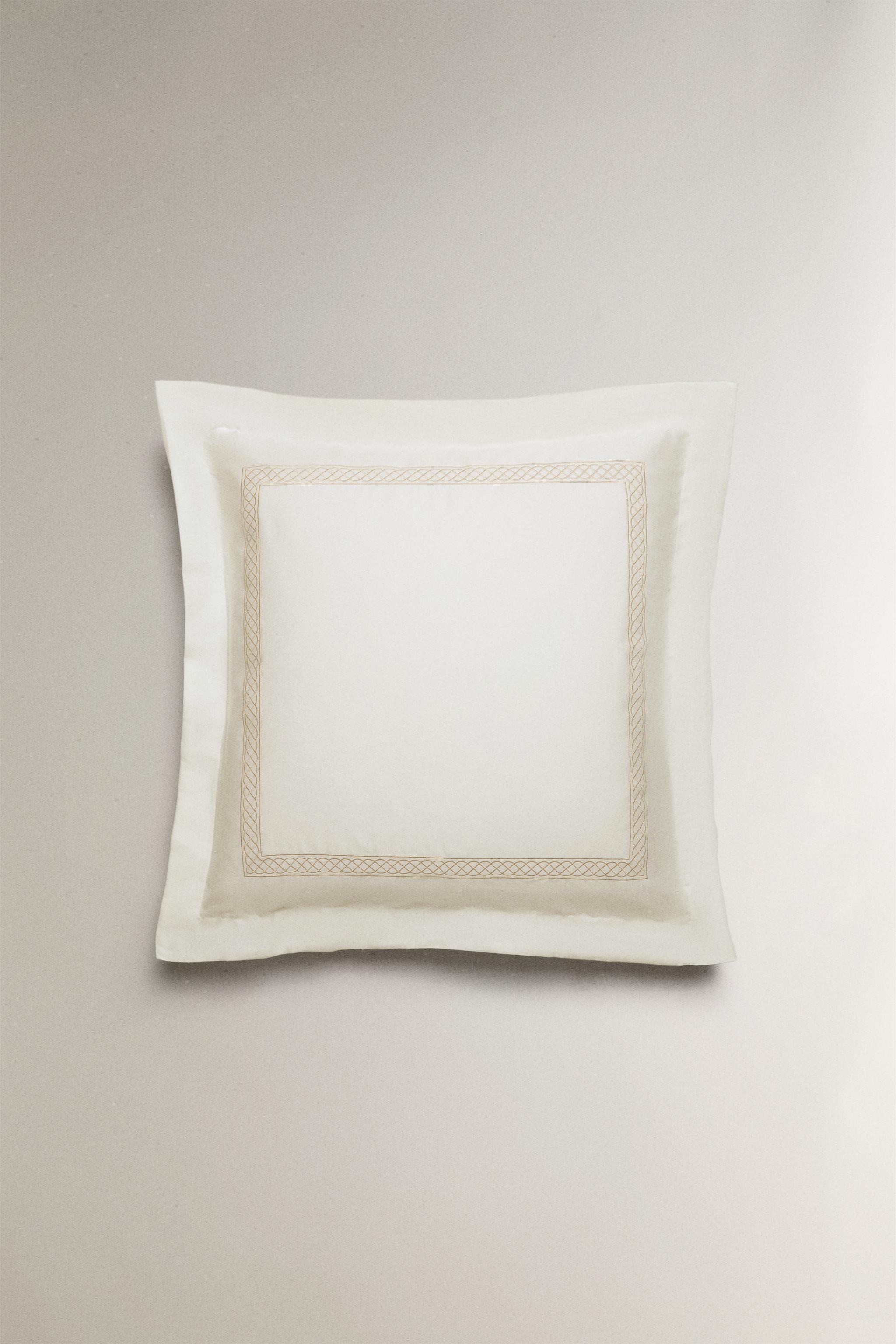 EMBROIDERED SATEEN PILLOWCASE — Brown / Taupe
