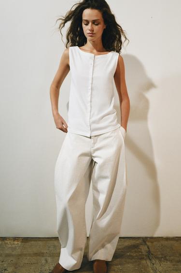 CAMISETA MANGA SISA BOTONES - Blanco de Zara - Imagen 0