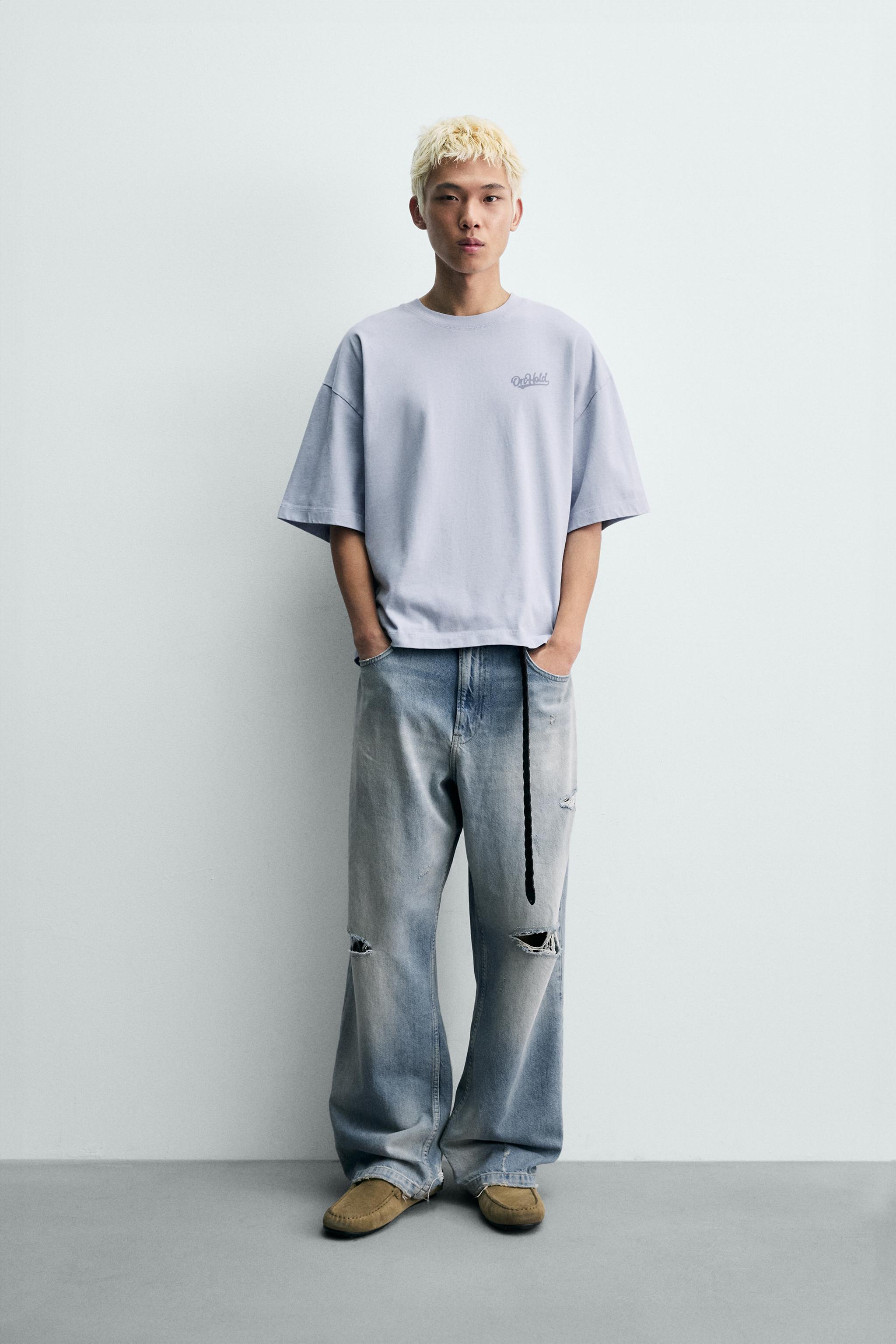 コントラストパッチ付き ボクシーフィットTシャツ - ライトブルー