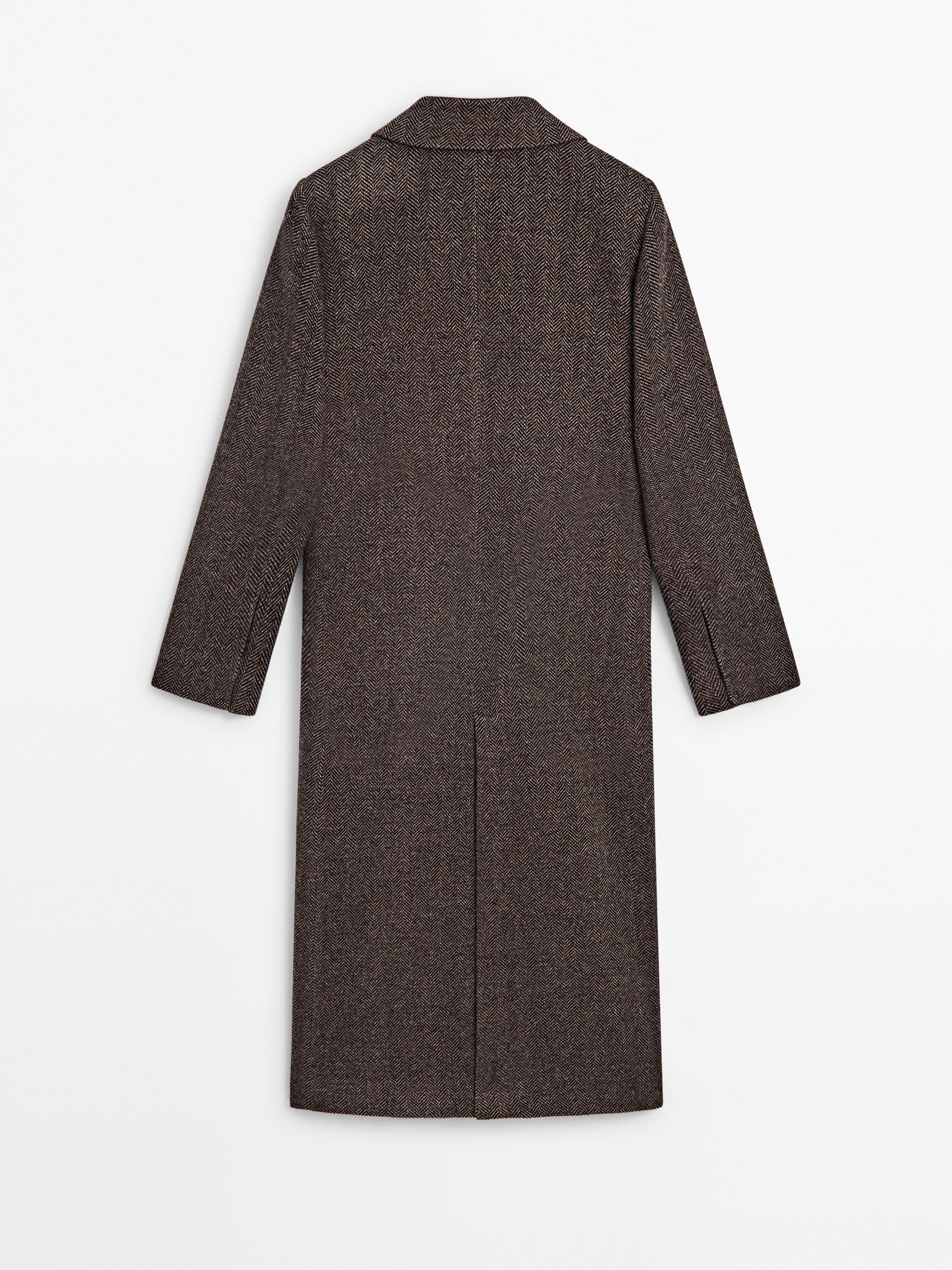 Long double-breasted wool blend herringbone coat - Black