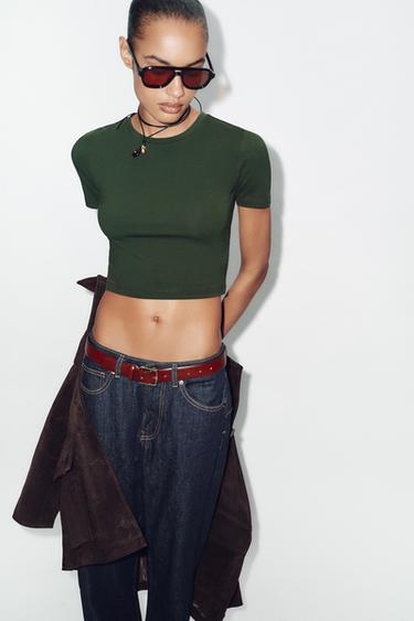 CROPPED SHORT SLEEVE T-SHIRT - Khaki by Zara
