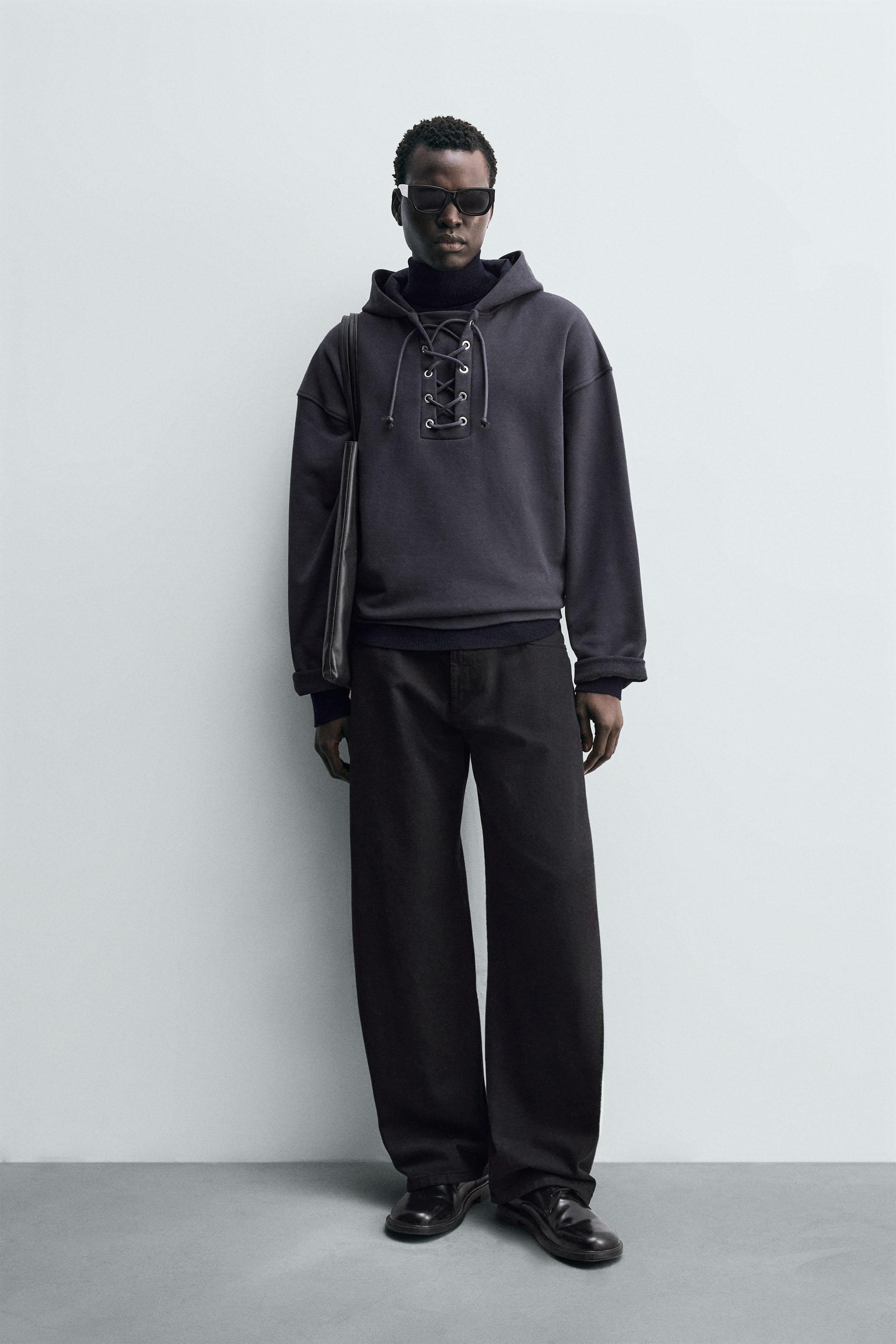 これ以上お値下げしません　Ribbed Short Hoodie ネイビー TEXTURED DRAWSTRING SWEATSHIRT - Dark gray | ZARA United States