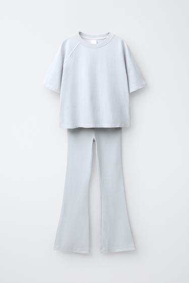 طقم تيشرت HEAVY WEIGHT ولجينغ FLARE RIB بمظهر مغسول - رمادي لؤلؤي الخاص بـ Zara