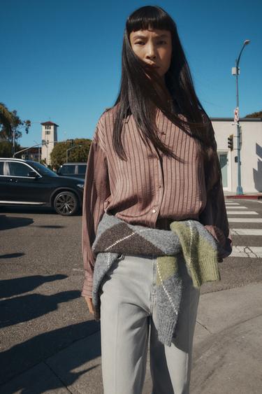 Zara SATENSKA PRUGASTA KOŠULJA – smeđa / sivkasto smeđa