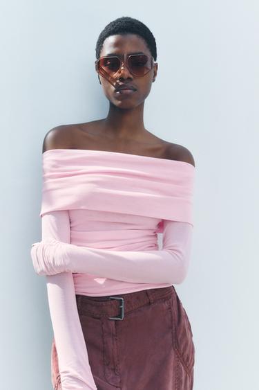 ТРИКОТАЖНЫЙ ТОП OFF-THE-SHOULDER СО СБОРКАМИ — РОЗОВЫЙ от Zara — изображение 0
