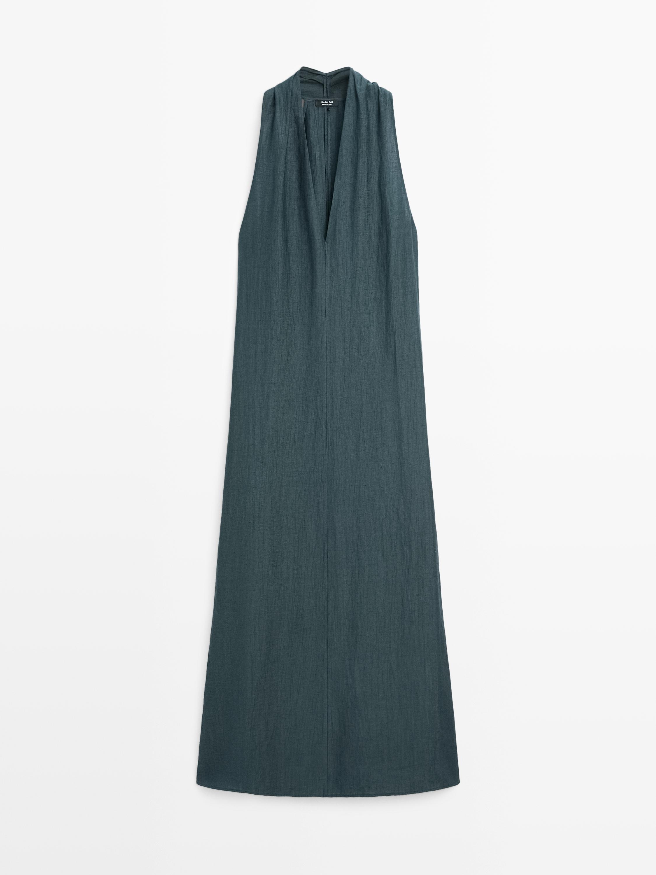 Linen blend midi dress with V-neckline
