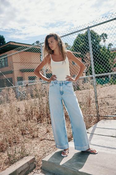 Zara Z1975 MID-RISE BARREL LEG CUFFED JEANS - Light blue