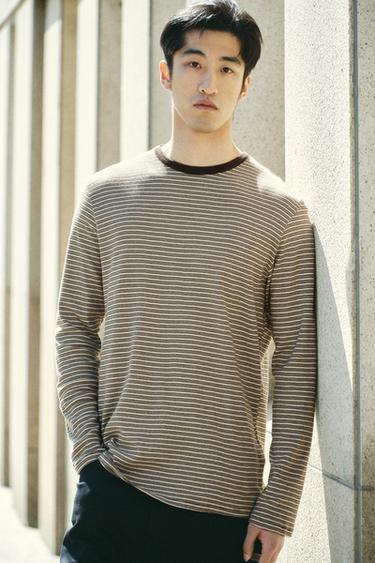 Zara 提花條紋 T 恤 - 裸色 / 綠色