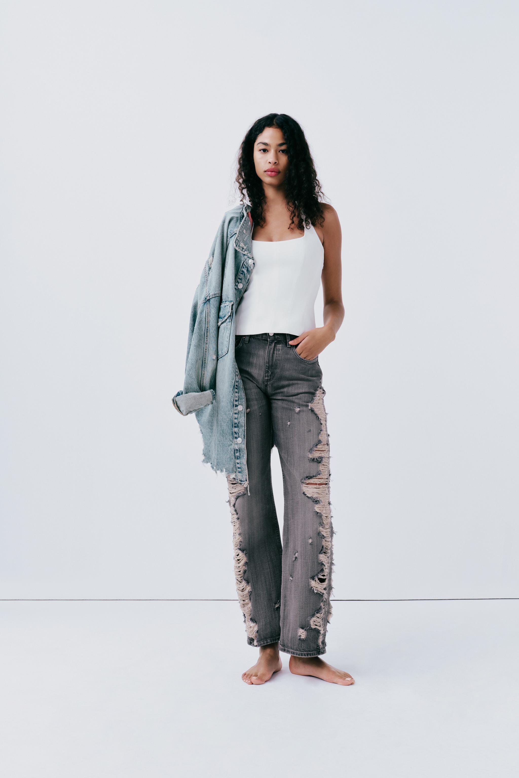 TRF MID-RISE WIDE LEG RIPPED JEANS - Anthracite grey | ZARA United 