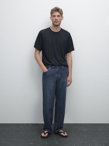 Zara Linen blend contrast knit T-shirt - Navy blue - Image 0