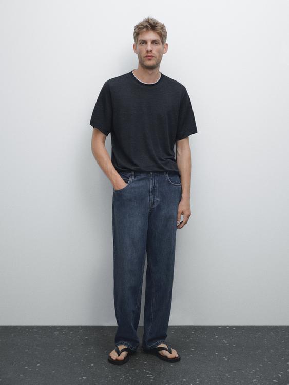 Linen blend contrast knit T-shirt