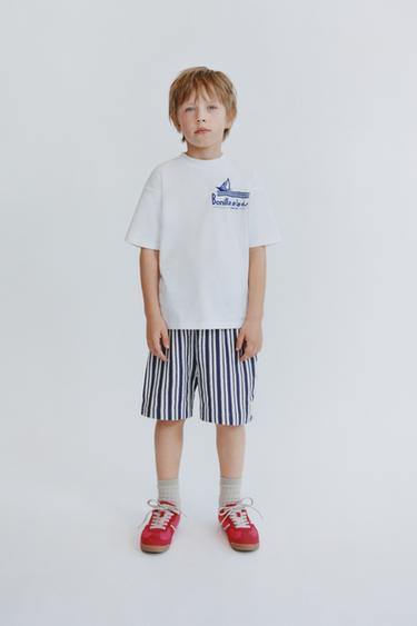 STRIPED LABEL STRAIGHT BERMUDA SHORTS - Ecru / Navy by Zara