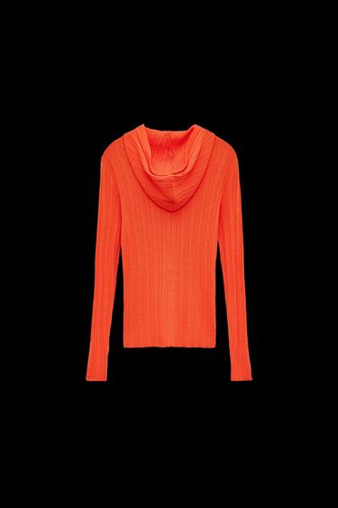 Zara RIB KNIT HOODED JACKET - Orange