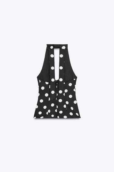 Zara POLKA DOT HALTER BACK BOW TOP - Black / White