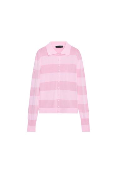 Zara STRIPED KNIT POLO JACKET - Faded pink