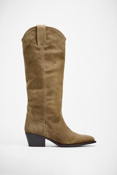 Zara SPLIT LEATHER HIGH HEEL BOOTS - Sandy Brown