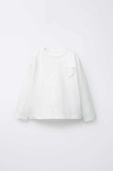 Zara HEART POCKET T-SHIRT - Ecru