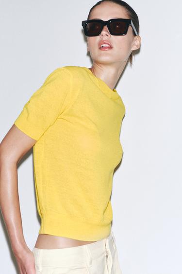 SHORT SLEEVE KNIT LINEN BLEND TOP - Yellow by Zara