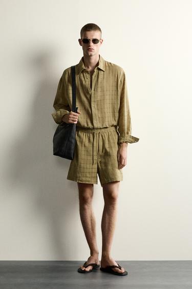 BERMUDASHORTS I HØR OG BOMULD MED JACQUARD-TERNER - lys kaki fra Zara