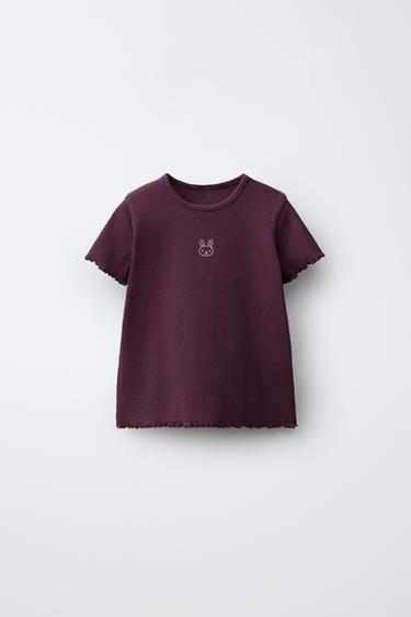 Zara EMBROIDERED RABBIT RIB T-SHIRT - Burgundy