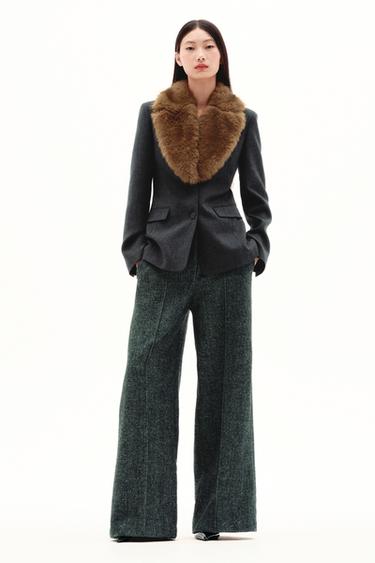 Zara 合身人造皮草領西裝外套 ZW COLLECTION - 斑紋灰色