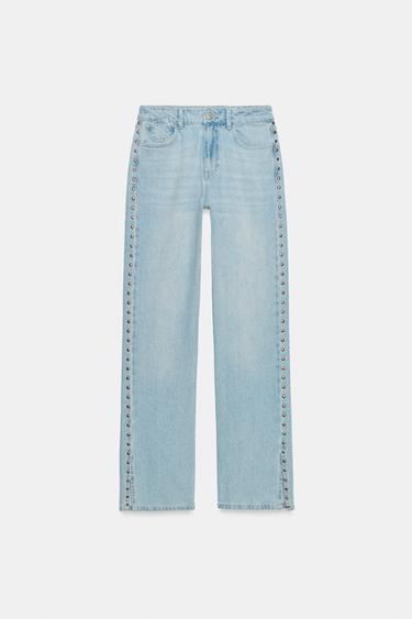 Zara Z1975 MID-RISE STRAIGHT-LEG STUDDED JEANS - Mid-blue