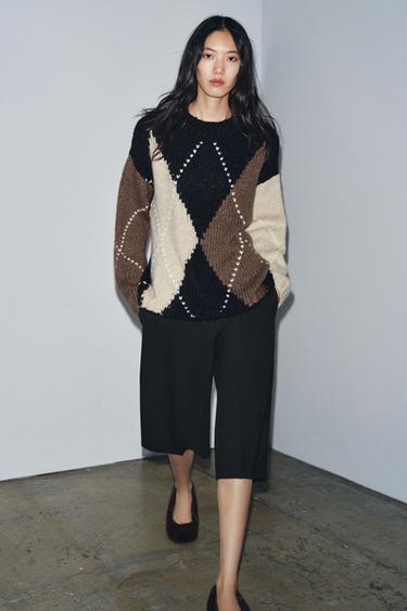 DIAMOND KNIT SWEATER - Black / Ecru by Zara - Image 0