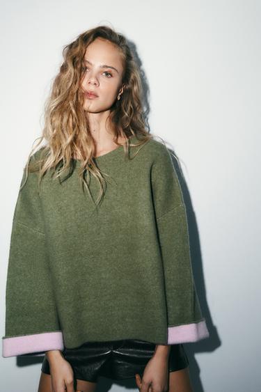 CONTRAST KNIT JUMPER - washed green by Zara