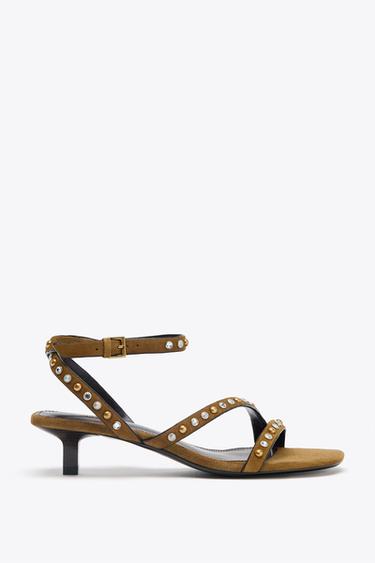 SPLIT SUEDE STUDDED KITTEN HEEL SANDALS - Olive Green by Zara