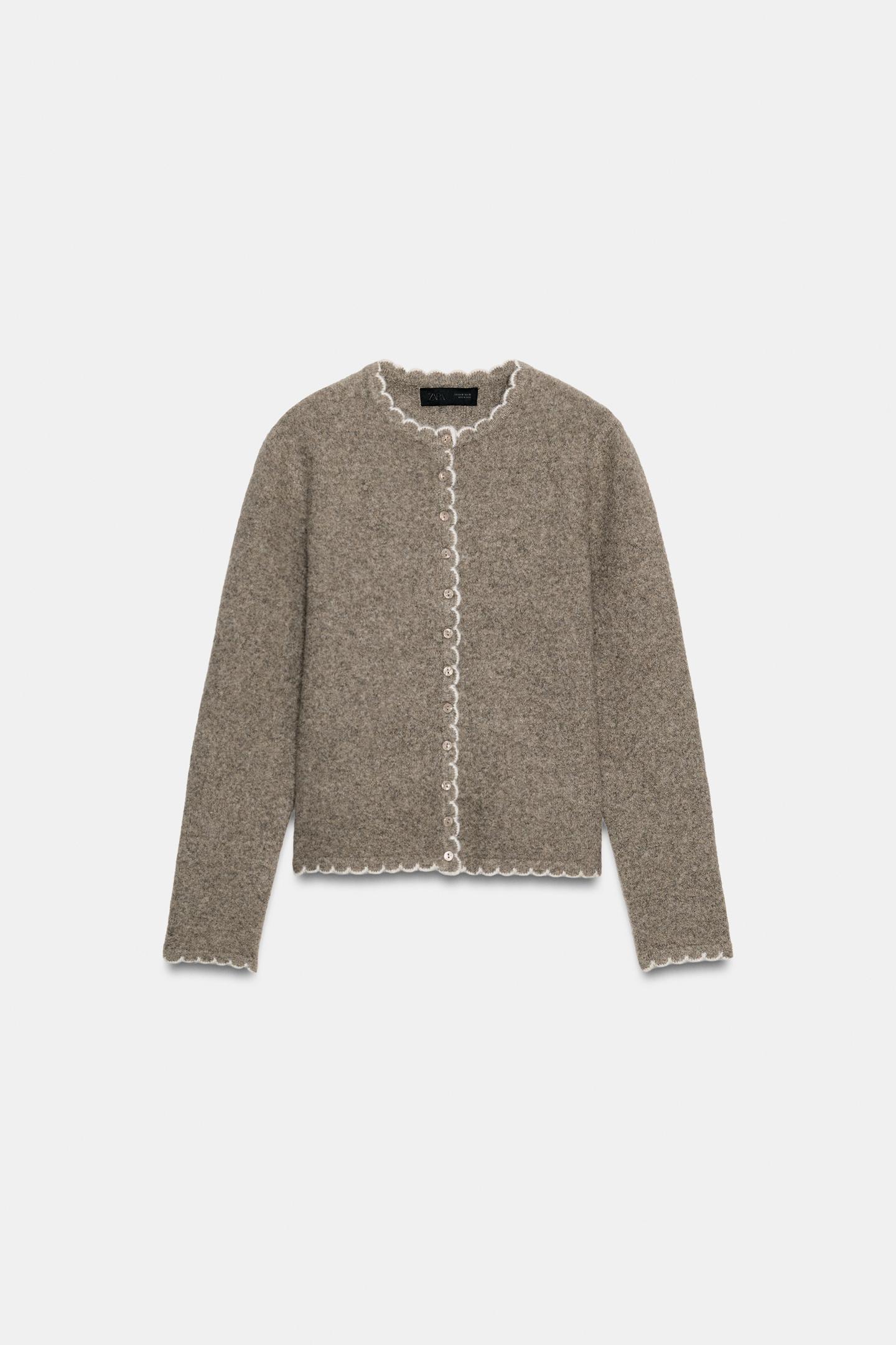 Женский кардиган Zara Cardigan with Contrast Trims, цвет: Светлый норковый — фото 6