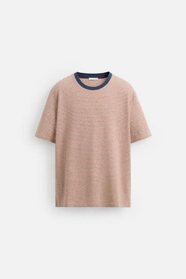 STRIPED T-SHIRT WITH CONTRAST RIB - Ecru / Red by Zara - Image 6