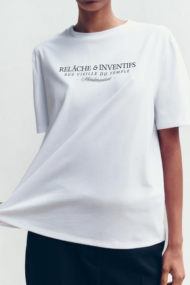 Zaras T-SHIRT MED TEXT FRAM - Vit