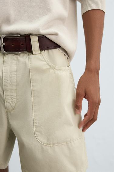 Zara WASHED COTTON BERMUDA SHORTS - Light beige