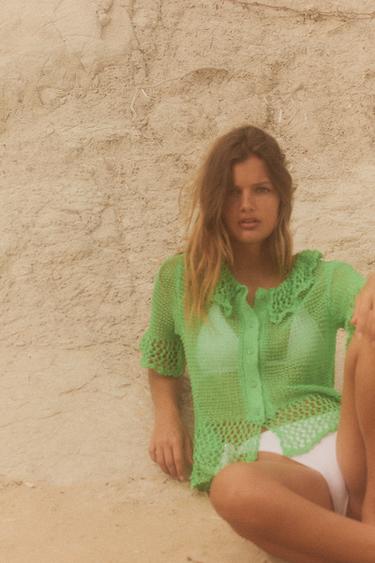GILET EN MAILLE OUVERT MANCHES COURTES - Vert de Zara - Image 4