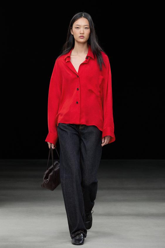 Zara Oversize flowing shirt with pocket detail - Red - Image 0