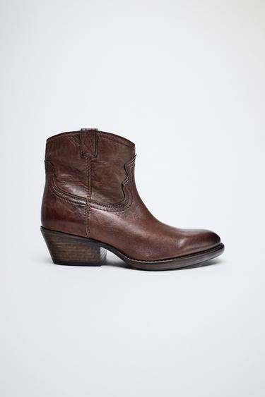 LEATHER DISTRESSED COWBOY ANKLE BOOTS - Dark tan by Zara