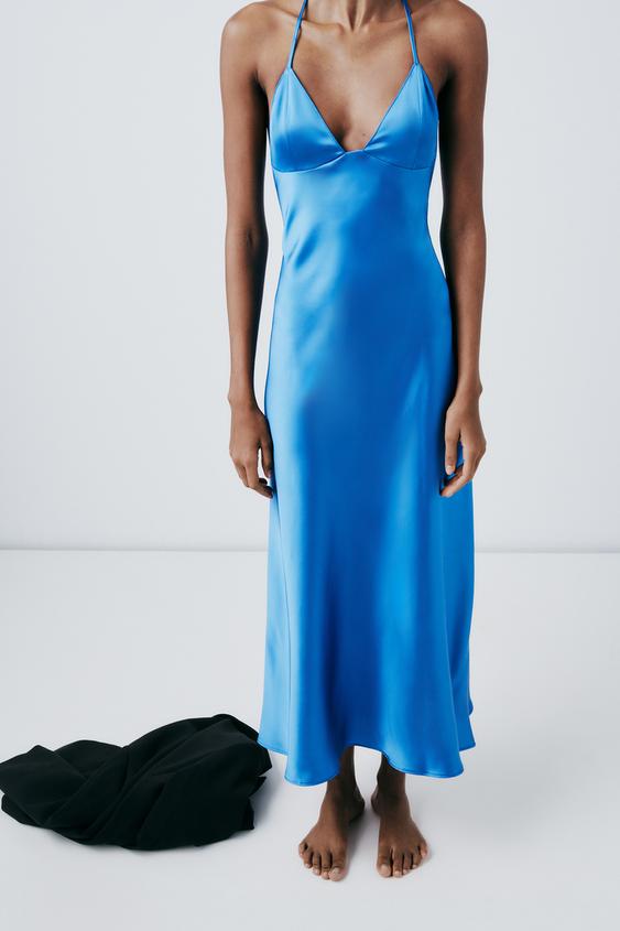 Zara blue corset satin dress, Women's Fashion, Dresses & Sets