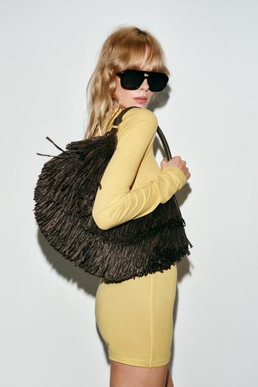 Zara FRINGE TOTE BAG - Chocolate