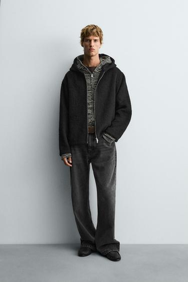 Zara TEXTURED HOODED OVERSHIRT - Black