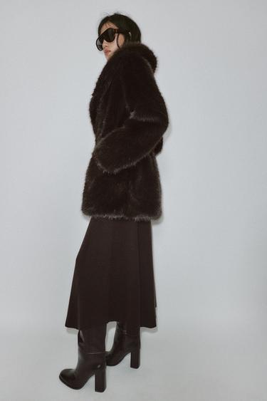MANTEAU EFFET FOURRURE AVEC CEINTURE - Marron de Zara - Image 3